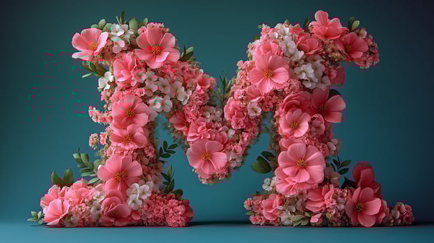 Floral alphabet letter M created with pink roses and delicate greenery. Valentines Day and romantic design concept. photo