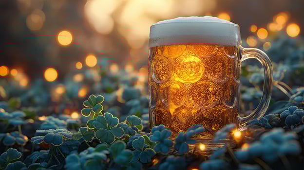 Frothy beer mug with golden hues and festive glowing lights. St. Patricks Day and Irish celebration concept. photo