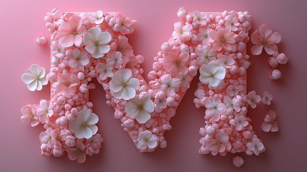 Pink floral alphabet letter M created with blooming flowers and delicate greenery. Valentine Day photo