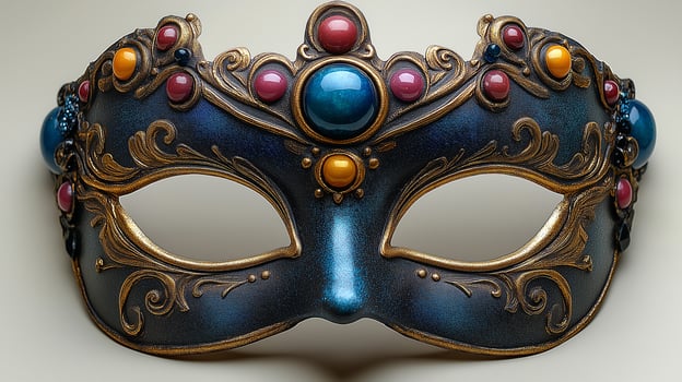 Elegant Mardi Gras mask with gemstones and gold accents on a black background. Carnival photo
