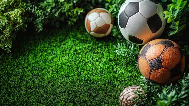 Group of soccer balls scattered on a grassy field surrounded by greenery. International Sports Day photo