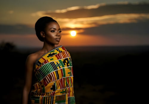 Black History Month celebration post African woman in national clothes and posing photo