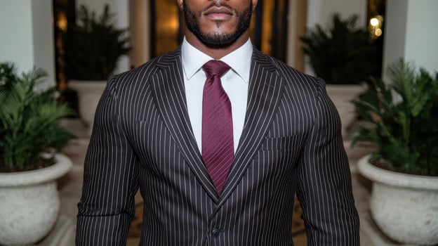 Confident businessman in a pinstripe suit surrounded by plants photo