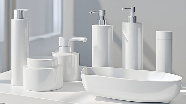 a white bathroom set with soap dispensers, soap, and a bowl photo