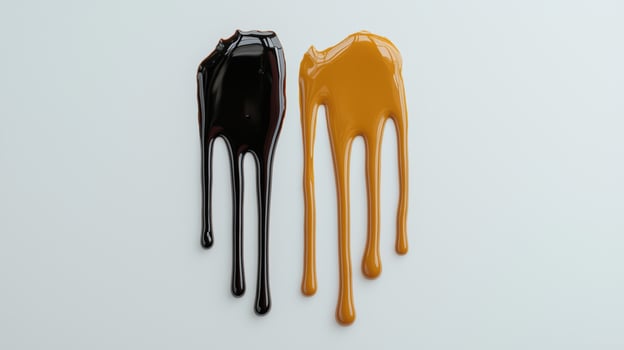 Dripping paint in black and gold colors on white background photo