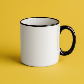 A white mug with black rim on yellow background photo