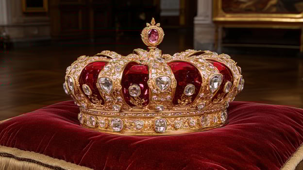 Ornate jeweled crown on red velvet cushion photo