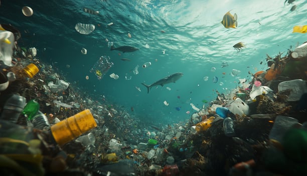 Under water ocean filled with plastics waste pollution photo