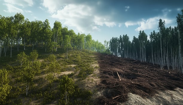 A side lush forest and bare forest comparison photo