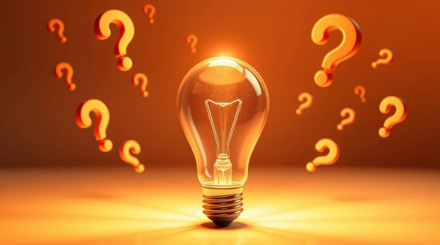 A 3D light bulb, magnified, emits light beams, surrounded by floating question marks, warm reds, oranges, and yellows photo
