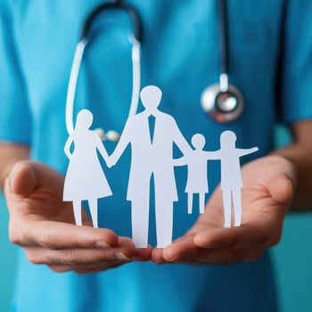 Family health concept represented by paper figures held by a doctor in a blue scrub with a stethoscope in hand photo
