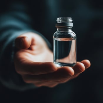 Clear glass vial held in hand showcasing clear liquid, representing medicinal or chemical substance in a dimly lit environment photo