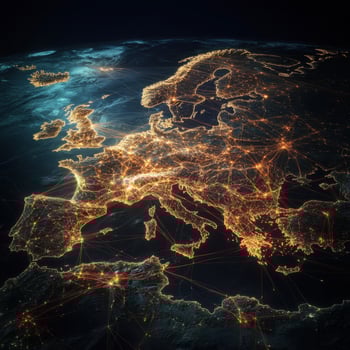 Insight into Europe illuminated network from space showcasing its vibrant cities and transport links at night photo