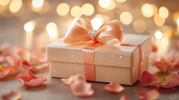 Romantic Gift Box with Elegant Ribbon Surrounded by Rose Petals and Soft Lights Creating a Dreamy Atmosphere for Special Occasions photo