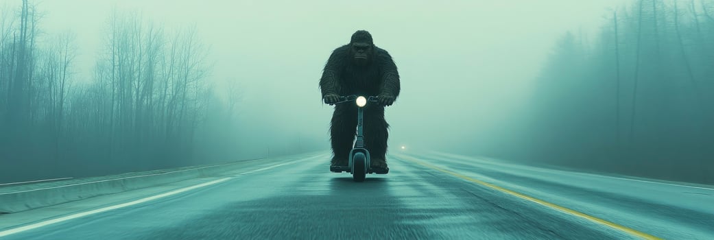 A person riding a scooter down a road in the fog photo