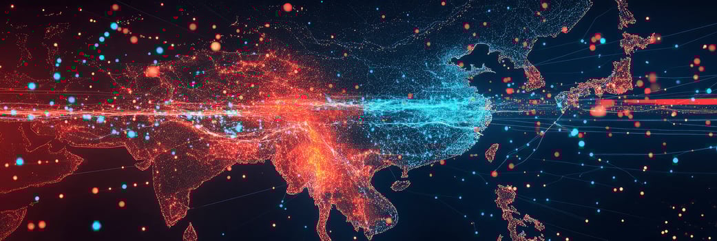 The world map is shown with red and blue lines photo