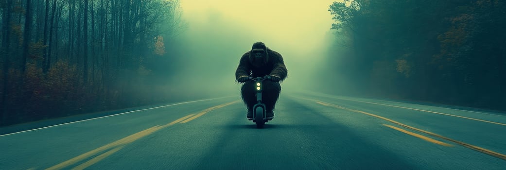A person riding a scooter down a road in the fog photo