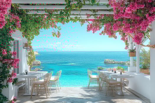 Bougainvillea flowers adorning a picturesque seaside restaurant in greece photo