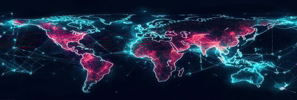 The world map is shown in red and blue photo