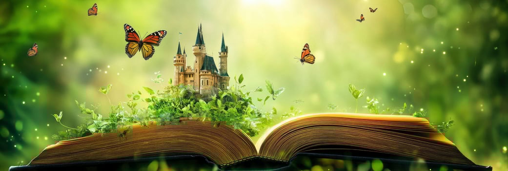An open book with a castle in the middle of a green field with butterflies flying around it photo
