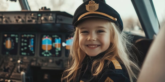 A little girl in a pilot's uniform smiling photo