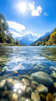 serene alpine lake with clear water and mountains photo
