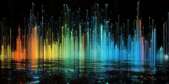 Photonegative refractograph of the city lights in blue, green, and red, with light streaks on a black background. photo