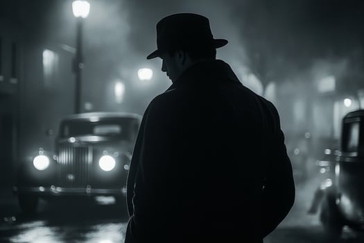 Man in hat and coat standing on dark city street photo