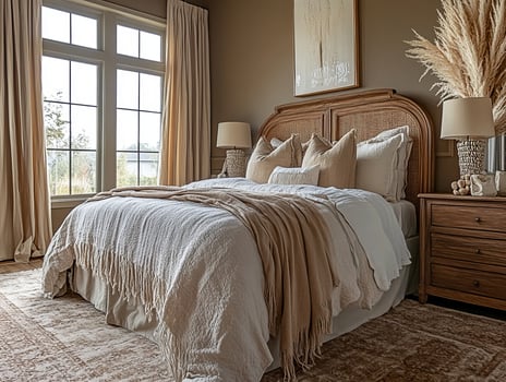 Modern bedroom interior design featuring natural materials and mocha mousse color palette photo