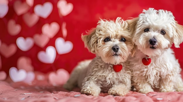 Valentines Day banner with Maltipoo puppies sit closely together and copy space. Love romantic dog red Background with empty place for text and hearts. Loving atmosphere with pets. photo