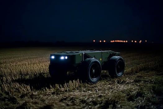 Military drone on wheels traverses a rural landscape at night. photo