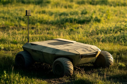 Military ground based drone on grassland during daylight. photo