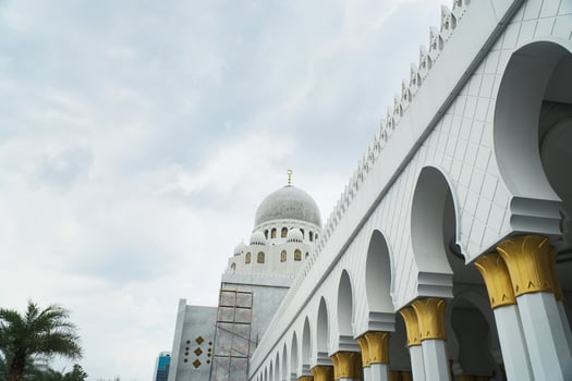 Beautiful Mosque Architecture with Intricate Domes and Arched Details on a Cloudy Day photo