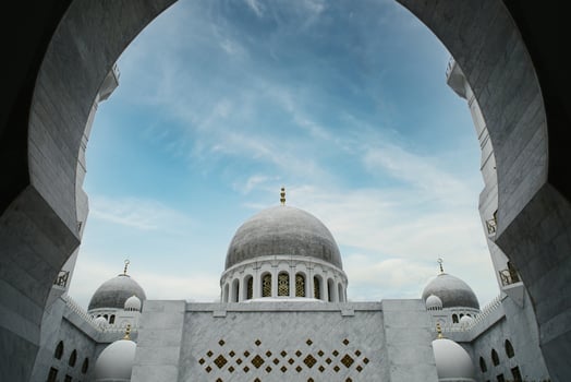 Super Majestic Sheikh Zayed Grand Mosque Domes Framed by Architectural Arches Under a Clear Sky photo