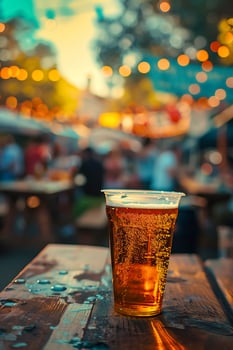 refreshing craft beer in clear cup, set against vibrant outdoor scene with twinkling lights and lively atmosphere photo