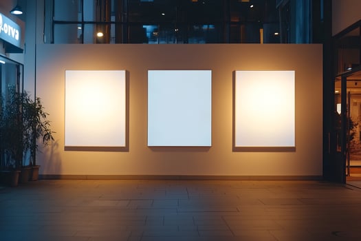 three blank white posters on a wall in an empty building photo