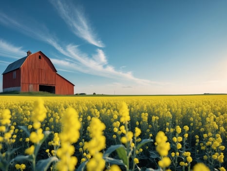 Red Barn in Vibrant Yellow Rapeseed Field Sunny DayRed Barn in Vibrant Yellow Rapeseed Field Sunny Day. photo