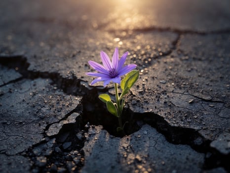 Resilient Purple Flower Growing Through Cracked Asphalt During Golden Hour Glow photo