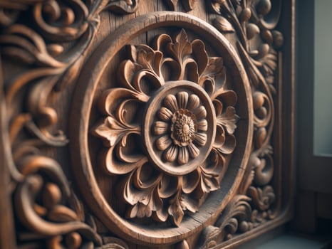 Intricately carved wooden panel featuring floral designs and a circular centerpiece photo