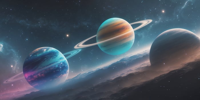 Cosmic Landscape of Three Vibrant Planets in Space Exploration with Dramatic Lighting and Starry Background photo