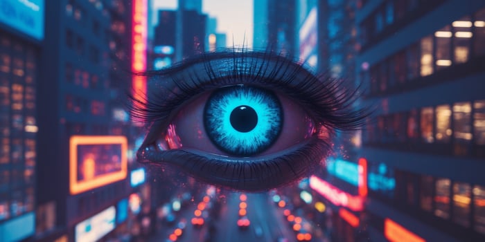Exploration of technology and surveillance through digital representation of an eye amidst vibrant urban landscapes photo