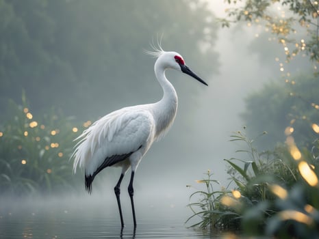 Stunning artwork depicts an elegant white crane standing gracefully amidst tranquil natural surroundings adorned with golden accents photo