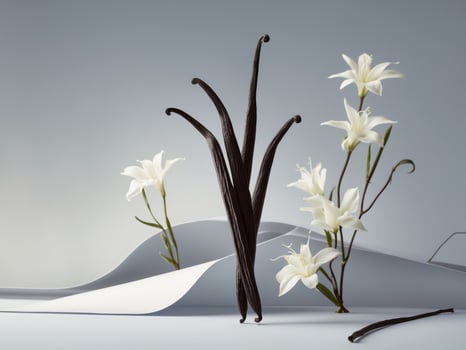 Elegant Vanilla Pods with Beautiful White Flowers on Gray BackgroundElegant Vanilla Pods with Beautiful White Flowers on Gray Background. photo