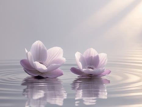 Delicate Purple Flowers Floating on Peaceful Water Surface with Soft Light Reflection photo