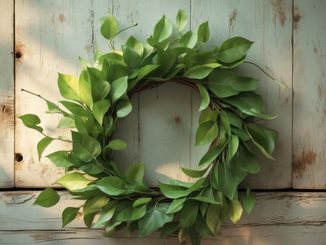 Green leaf wreath on rustic wooden backgroundGreen leaf wreath on rustic wooden background. photo