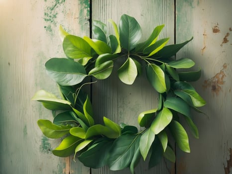 Green leaf wreath on rustic wooden background photo