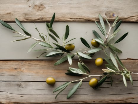 Olive Branches with Fruit Resting on Wooden PlanksOlive Branches with Fruit Resting on Wooden Planks. photo