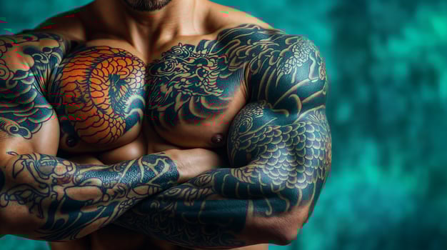 Muscular man showing colorful traditional japanese dragon and koi fish tattoos photo