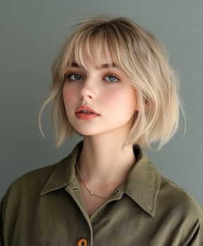 A young woman stands elegantly with short, wavy blonde hair and soft makeup photo