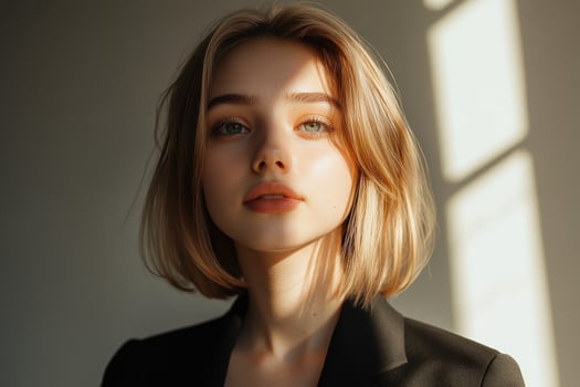 Young woman with short hair in natural light at home photo